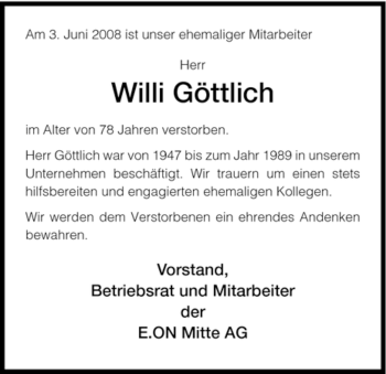 Traueranzeige von Willi Göttlich von HNA