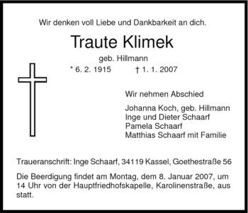 Traueranzeige von Traute Klimek von HNA