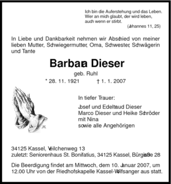 Traueranzeige von Barbara Dieser von HNA