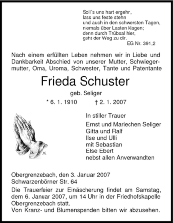 Traueranzeige von Frieda Schuster von HNA