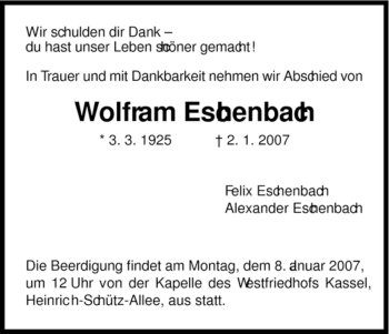 Traueranzeige von Wolfram Eschenbach von HNA