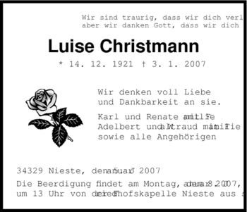 Traueranzeige von Luise Christmann von HNA