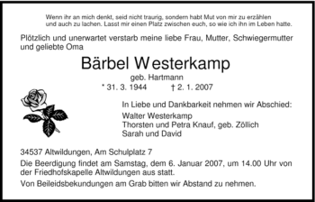 Traueranzeige von Baerbel Westerkamp von HNA