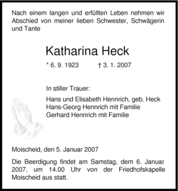 Traueranzeige von Katharina Heck von HNA