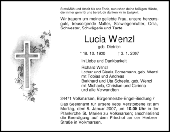 Traueranzeige von Lucia Wenzl von HNA