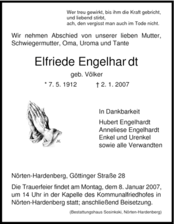 Traueranzeige von Elfriede Engelhardt von HNA