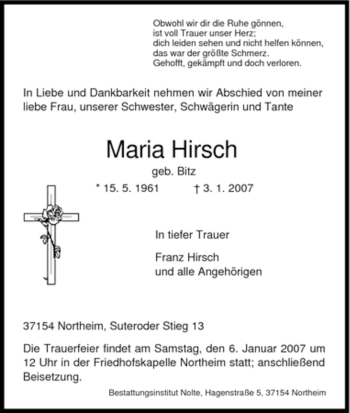 Traueranzeige von Maria Hirsch von HNA