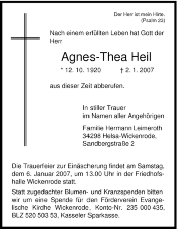 Traueranzeige von Agnes-Thea Heil von HNA