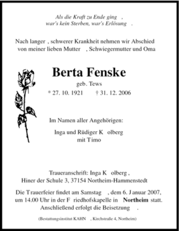 Traueranzeige von Berta Fenske von HNA