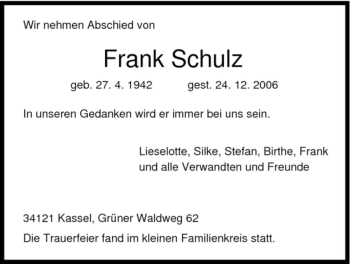 Traueranzeige von Frank Schulz von HNA