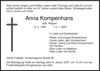 Traueranzeige von Anna Kompenhans von HNA