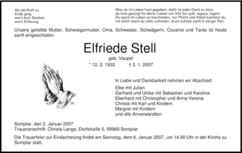 Traueranzeige von Elfriede Stell von HNA