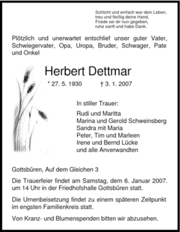 Traueranzeige von Herbert Dettmar von HNA