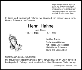 Traueranzeige von Henni Hahne von HNA