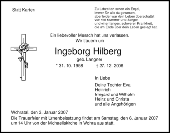 Traueranzeige von Ingeborg Hilberg von HNA