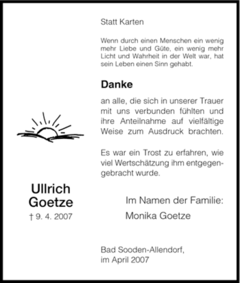 Traueranzeige von Ullrich Goetze von HNA