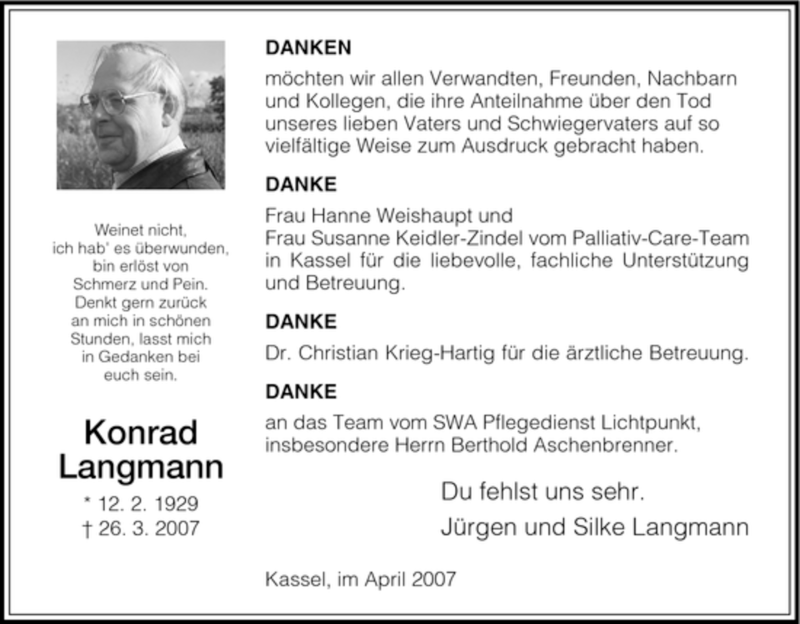  Traueranzeige für Konrad Langmann vom 23.04.2007 aus HNA