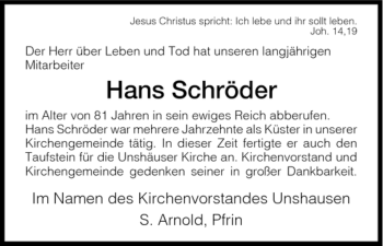 Traueranzeige von Hans Schröder von HNA