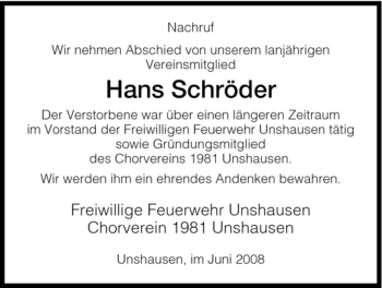 Traueranzeige von Hans Schröder von HNA