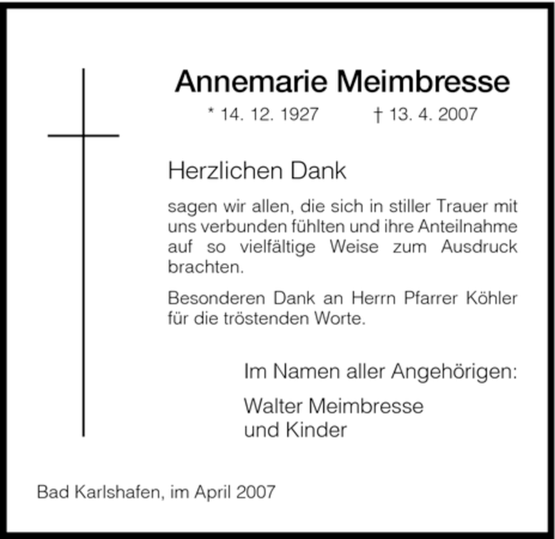  Traueranzeige für Annemarie Meimbressen vom 27.04.2007 aus HNA