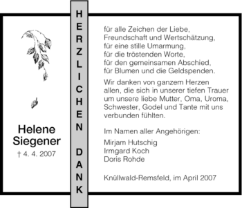 Traueranzeige von Helene Siegener von HNA