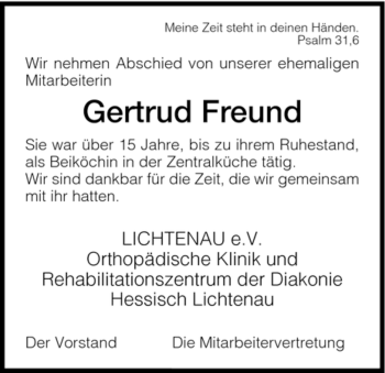 Traueranzeige von Gertrud Freund von HNA