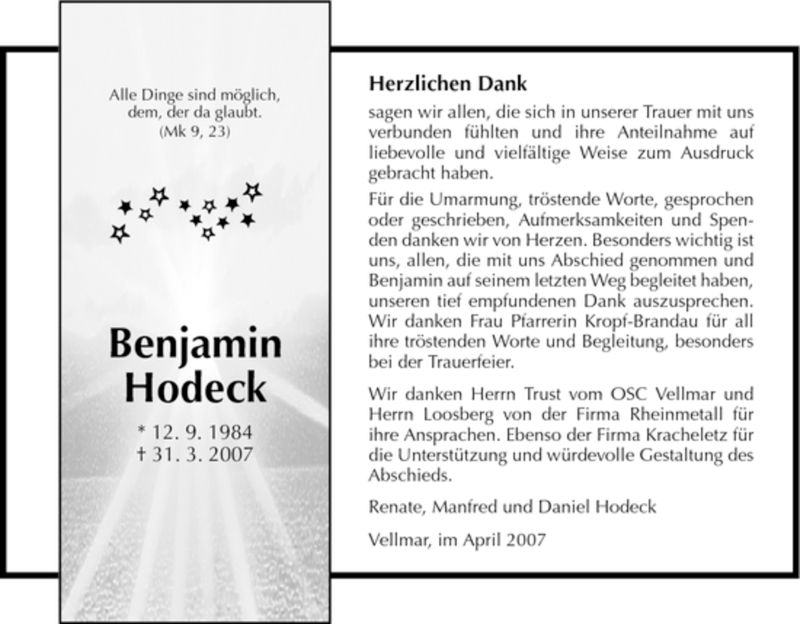  Traueranzeige für Benjamin Hodeck vom 28.04.2007 aus HNA