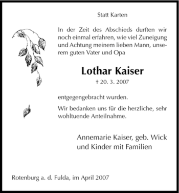 Traueranzeige von Lothar Kaiser von HNA