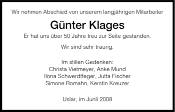 Traueranzeige von Guenter Klages von HNA