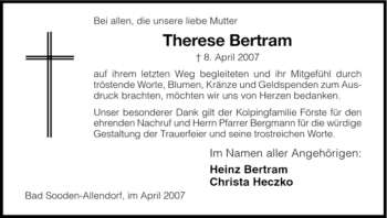 Traueranzeige von Therese Bertram von HNA