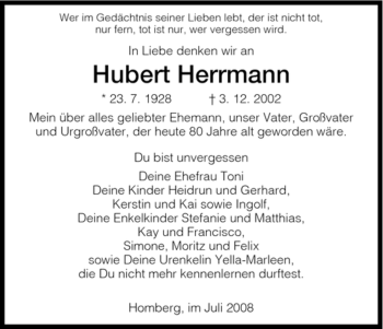 Traueranzeige von Hubert Herrmann von HNA
