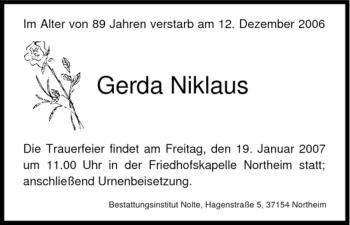 Traueranzeige von Gerda Niklaus von HNA