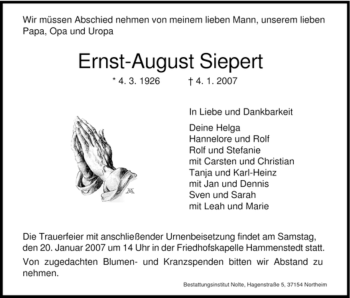 Traueranzeige von Ernst-August Siepert von HNA