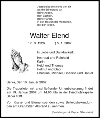 Traueranzeige von Walter Elend von HNA