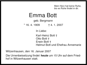 Traueranzeige von Emma Bott von HNA