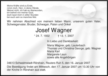 Traueranzeige von Josef Wagner von HNA