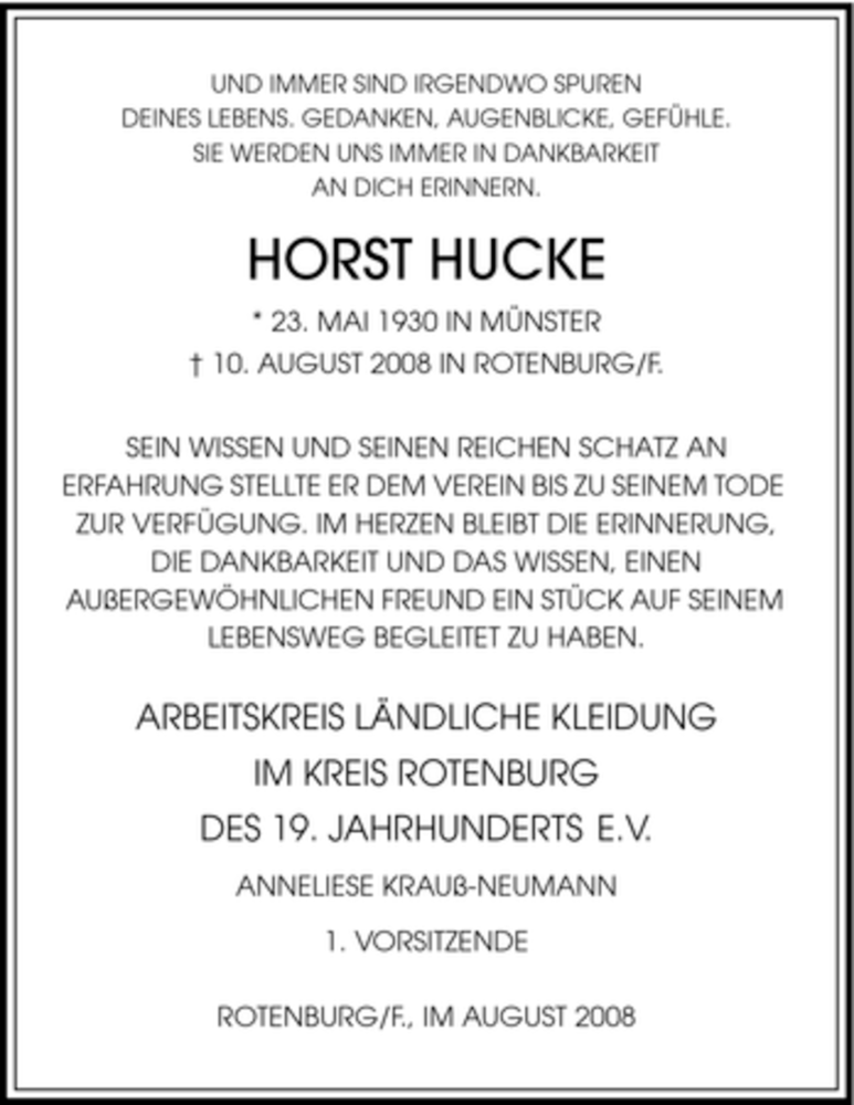  Traueranzeige für Horst Hucke vom 15.08.2008 aus HNA