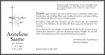 Traueranzeige von Anneliese Saame von HNA