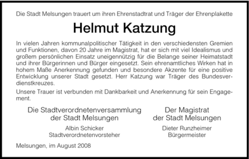  Traueranzeige für Helmut Katzung vom 28.08.2008 aus HNA