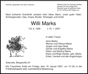 Traueranzeige von Willi Marks von HNA