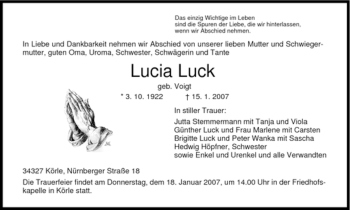 Traueranzeige von Lucia Luck von HNA