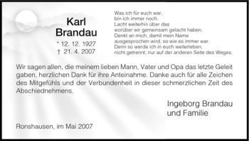 Traueranzeige von Karl Brandau von HNA