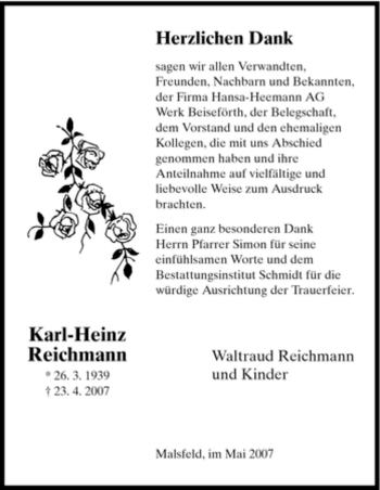 Traueranzeige von Karl-Heinz Reichmann von HNA