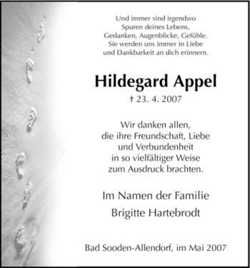 Traueranzeige von Hildegard Appel von HNA
