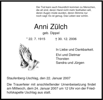 Traueranzeige von Anni Zuelch von HNA