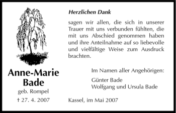 Traueranzeige von Anne-Marie Bade von HNA