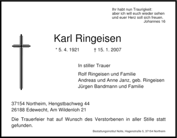 Traueranzeige von Karl Ringeisen von HNA