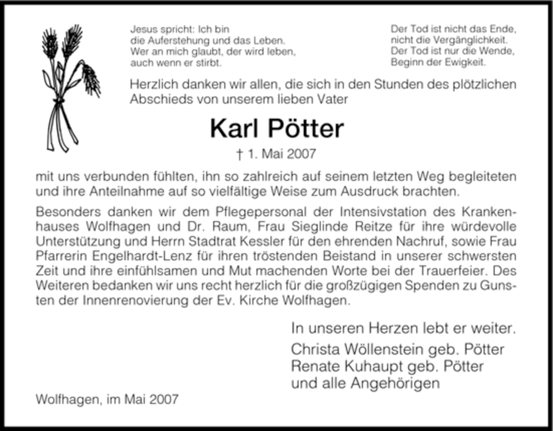  Traueranzeige für Karl Pötter vom 26.05.2007 aus HNA