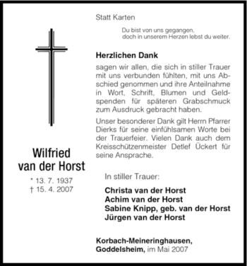 Traueranzeige von Wilfried van der Horst von HNA