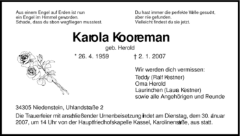 Traueranzeige von Karola Kooreman von HNA